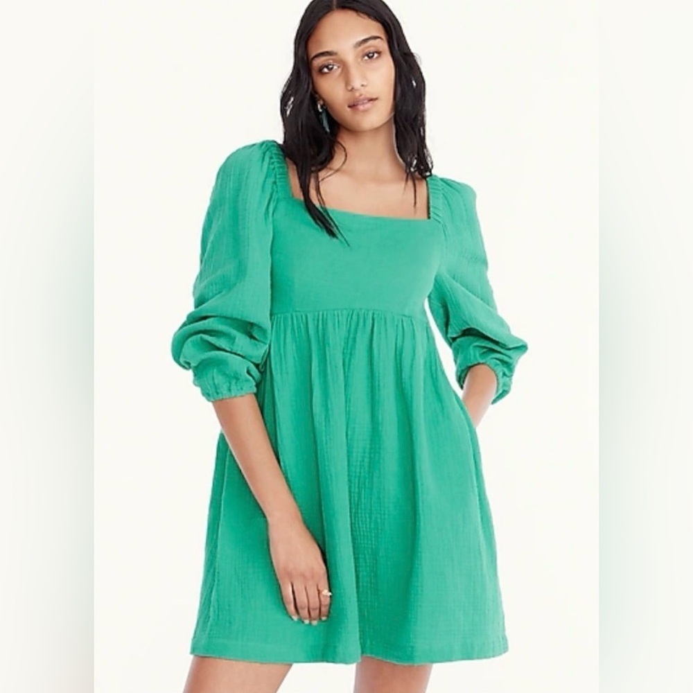 J. Crew Squareneck Soft Crinkle Gauze Vibrant Green Long Sleeve Dress LT NWT